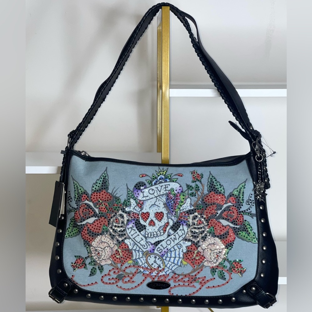 ED HARDY DENIM SKULL, RHINESTONES and FLOWERS SHOULDER BAG